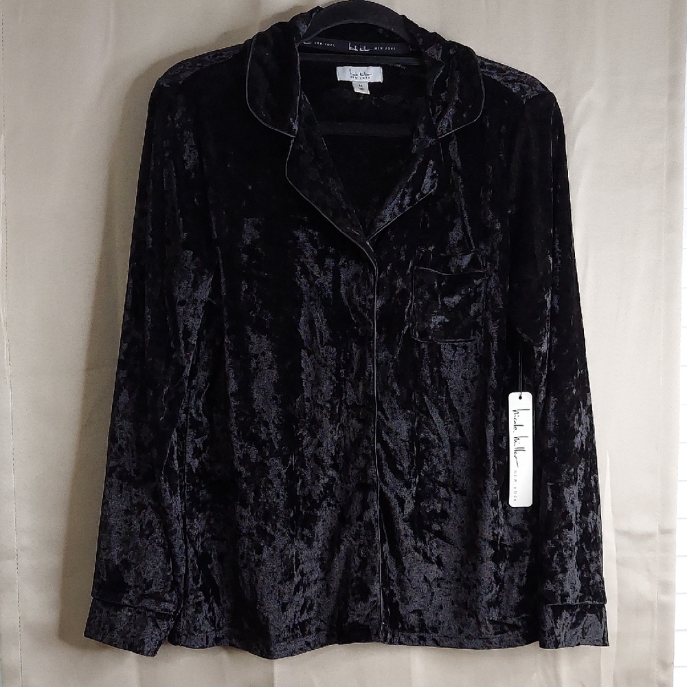 Nicole Miller Top, Size M, Black Velvet, Long Sleeves, Buttonfront, New with Tag